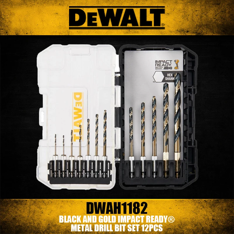 DEWALT DWAH1182 Preto e Ouro IMPACT READY Conjunto de brocas de metal 12 peças, acessórios de ferramentas premium para desempenho poderoso