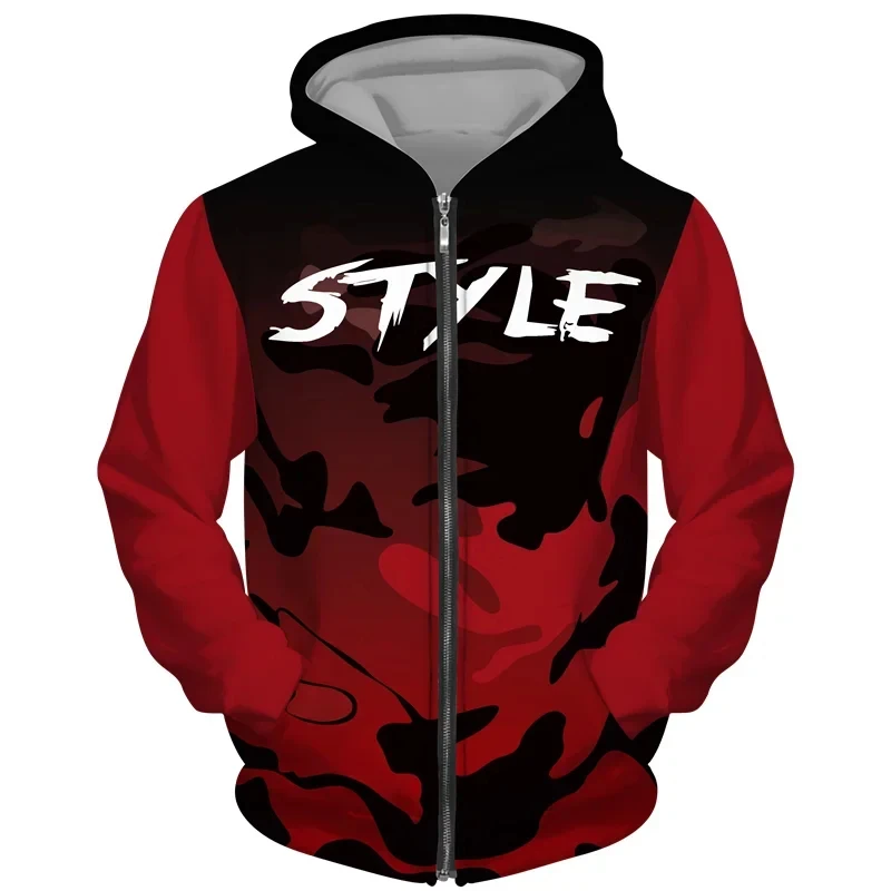 Camouflage Hoodie Casual Camouflage Pattern Zip Up Hoodies Fashion Simple 3D Alphabets Printed Sweatshirt Autumn Loose Streetwear Sports Pullovers