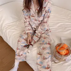 QWEEK Japanese Sweets Home Wear Bear Print Women's Pajamas 2 Piece Set Trouser Suits Sweet Heart Sleepwear Kawaii Lounge Set