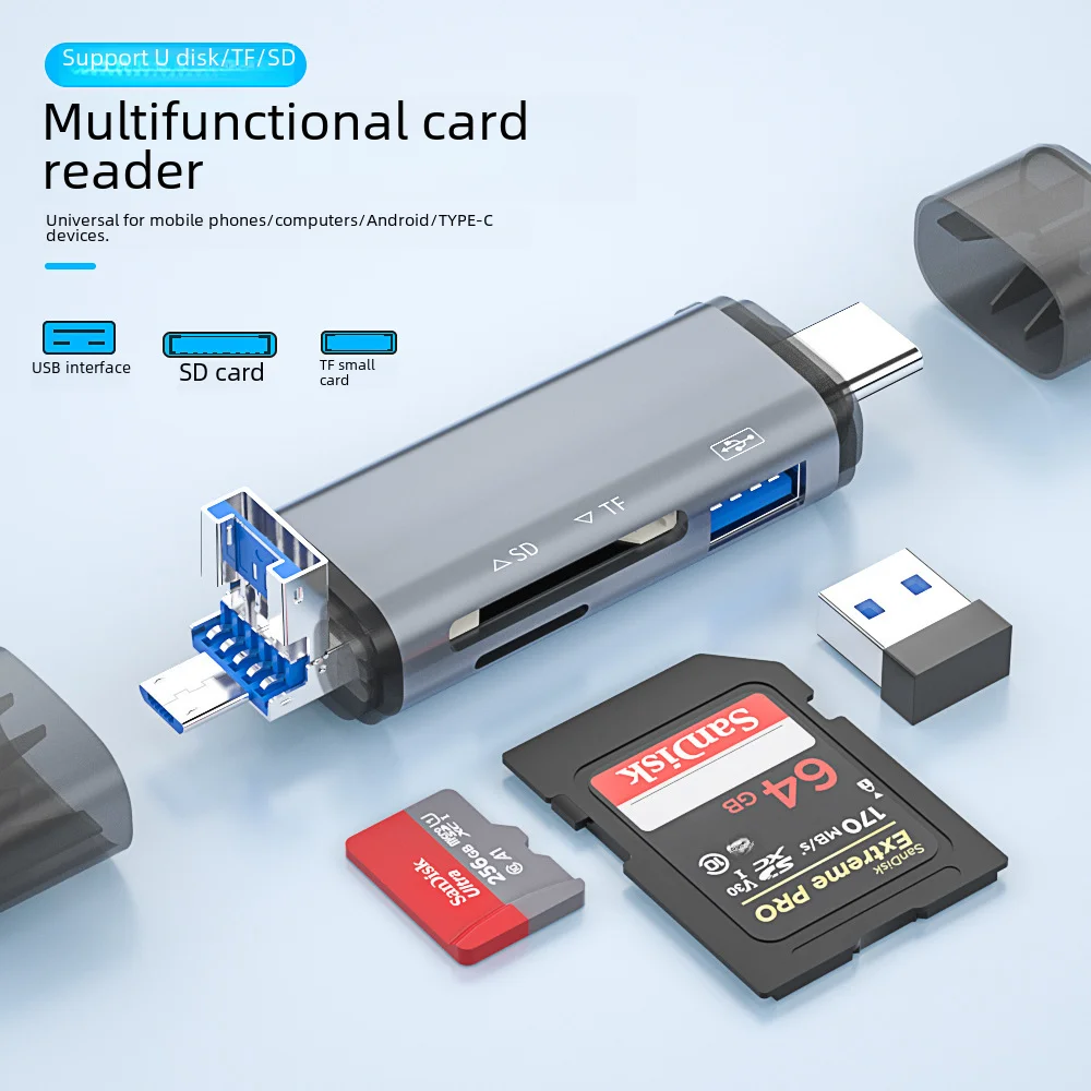 범용 컴퓨터 휴대폰 USB C 타입 카드 리더, 다기능 6-in-1 Sd/otg 카드 리더