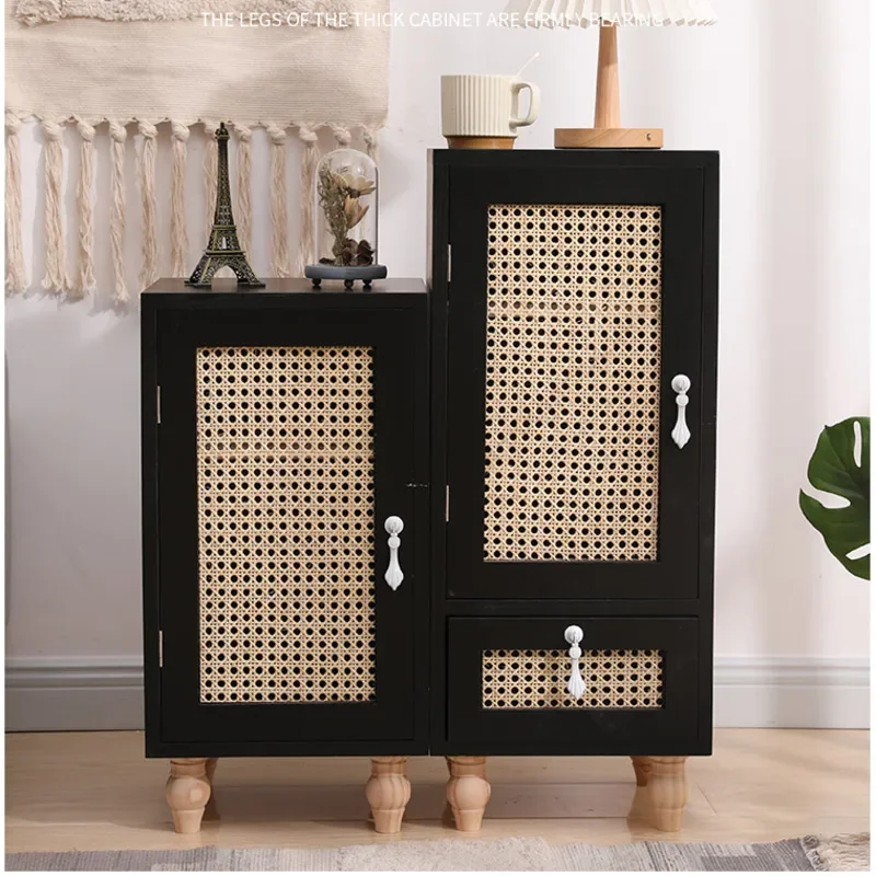Solid Wood Rattan Woven Storage Cabinet Modern Bedside Table Multi-functional Sofa Cabinet, Bedroom with Drawers, Home Furnitu