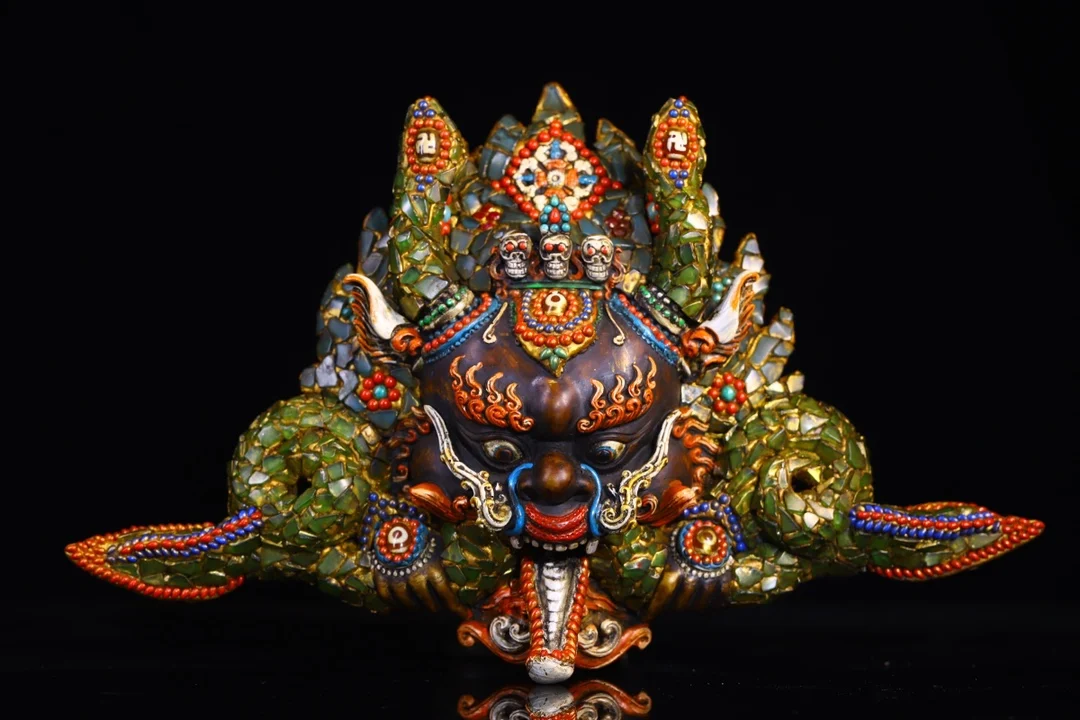 

15"Tibetan Temple Collection Old Natural Yak Bone Mosaic Gem gZi Beads Garuda Buddha Head Mask hanging screen Worship Hall