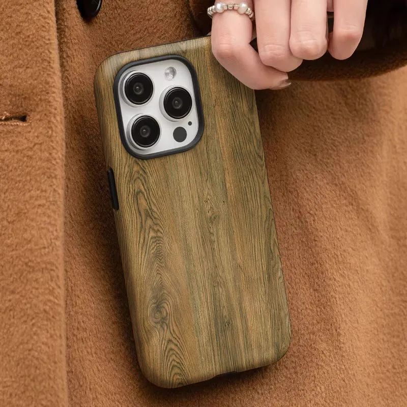 Wood Grain Pattern Shockproof Phone Case with 2-in-1 Film Shell Cover