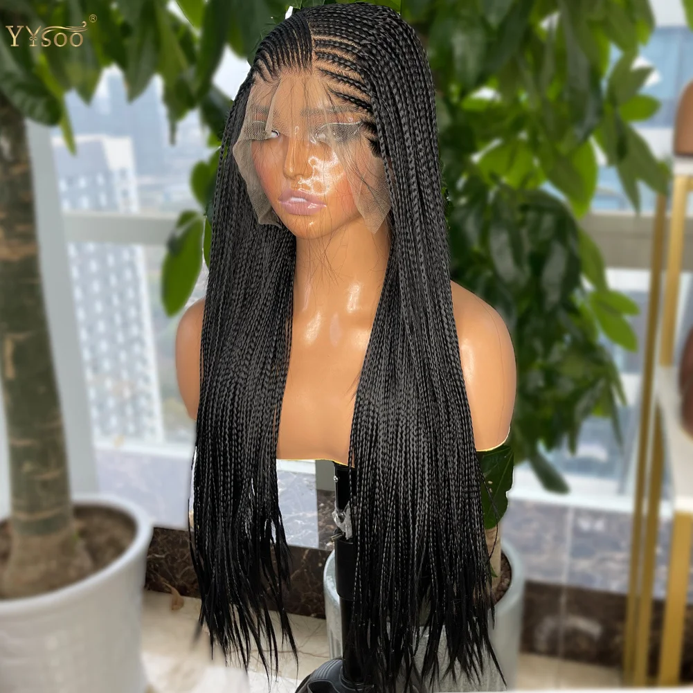 Long Side Part Black Micro Braided 13x6 Synthetic Lace Front Wigs for Black Women Full Hand Tied Box Braided Lace Front Wig