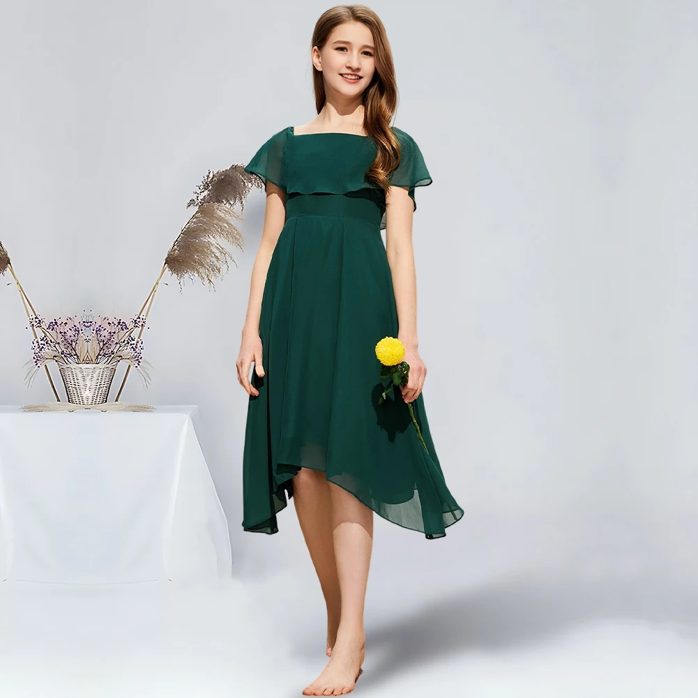 

A-line Square Knee-Length Chiffon Junior Bridesmaid Dress Dark Green Flower Girl Dress for Wedding Communion Dresses For Teens