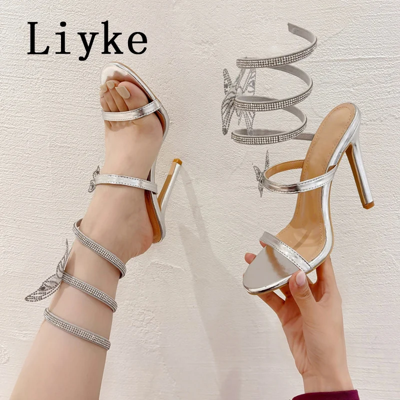 

Liyke Elegant Women Party Wedding Sandals Crystal Butterfly Ankle Snake Twine Around High Heels Sexy Open Toe Stripper Shoes