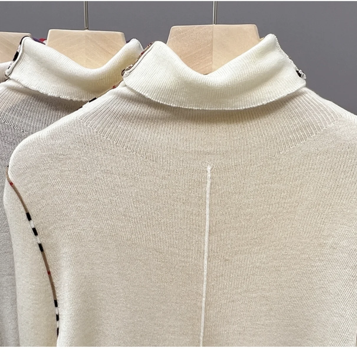 Brand Luxury Design Turtleneck Stretch Knit Sweater Pullover T-shirt For Women Double Color Knitwear Tops Tshirts Clothing Tees