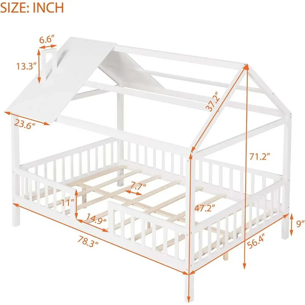 Full House Beds with Rails Wood Montessori Bed Frame Kids White Cabin Bed for Children Boys Girls Teens, Full Size 3