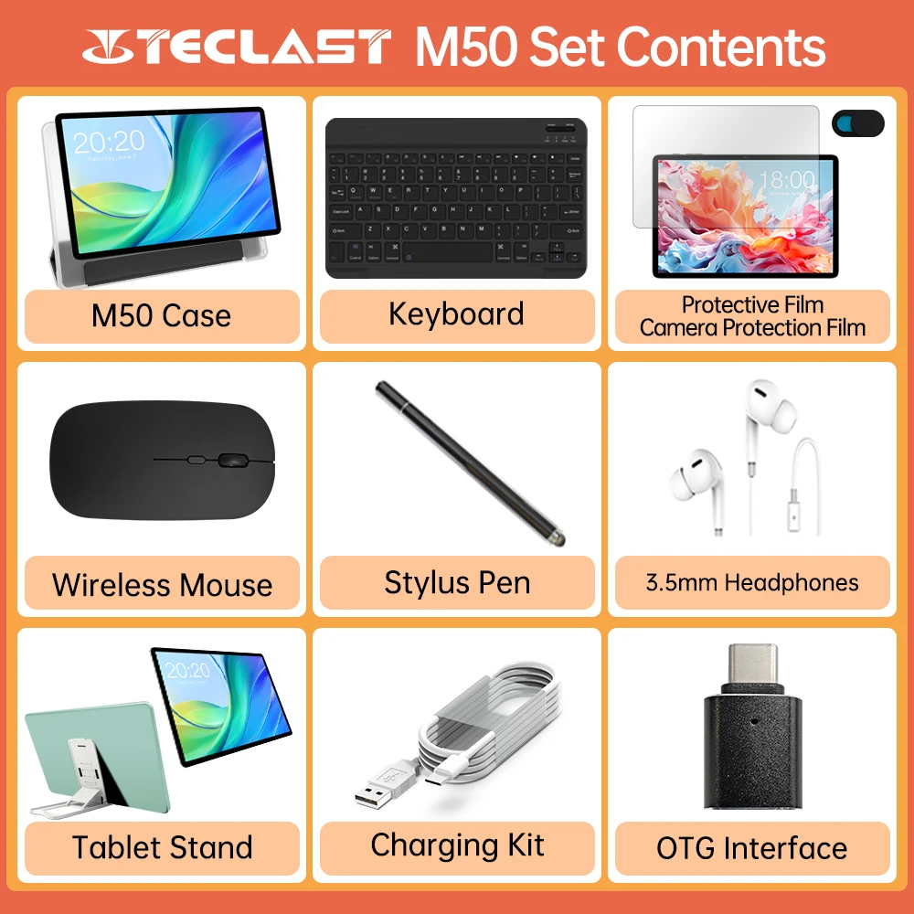 Teclast M50 2024 태블릿, Unisoc T606, 8 코어, 2.0GHz, 14GB(6GB + 8GB) RAM, 128GB ROM, 키보드, 액세서리 번들