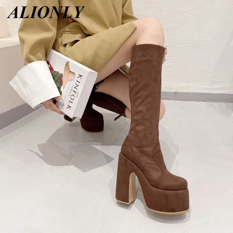 

Square-toe Women Knee-length Boots Rear Zip Square Heel Mid-calf Boots New Knight Boots Black Shoes Plus Velvet Warm Women Boots