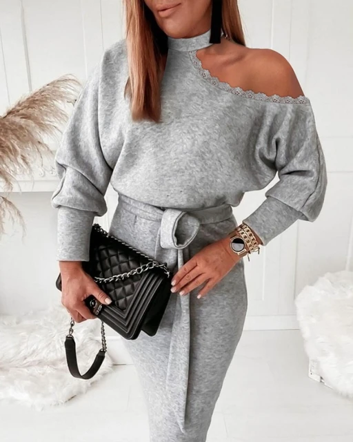Vestidos femininos 2025 primavera outono nova cor sólida renda guarnição ombro frio manga longa casual fino ajuste vestido diário com cinto