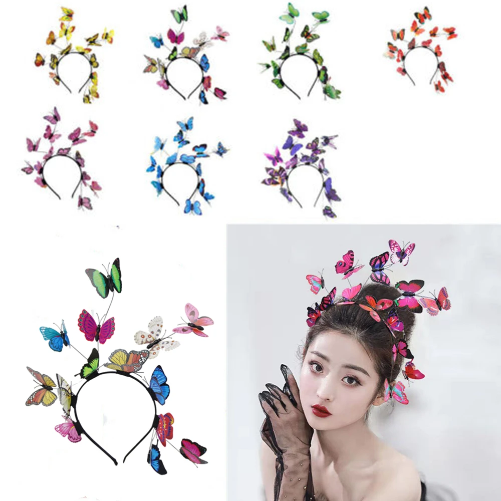 

Simulation Butterfly Wreath Headband Wedding Headwear Korean Bride Fairy Garland Hairband Colorful Hair Hoop Hair Accessories