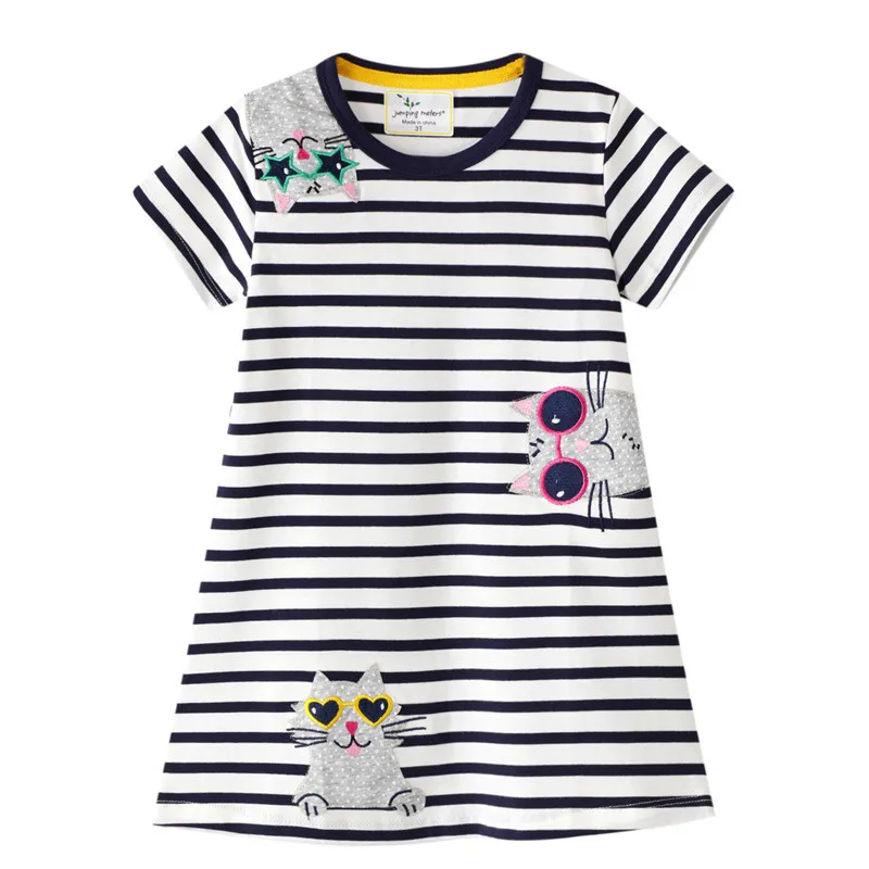 Jumping Meters Summer Princess  Short Sleeve Applique Girls Cotton Dresses for Baby Stripe Costume Hot Selling Kids Dress