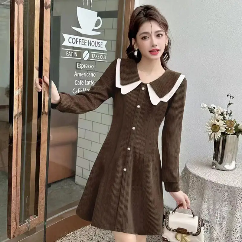 

Sweet Peter Pan Collar Button Korean Solid Color Mini Dress Female Clothing 2024 Spring New Loose All-match Princess Dress