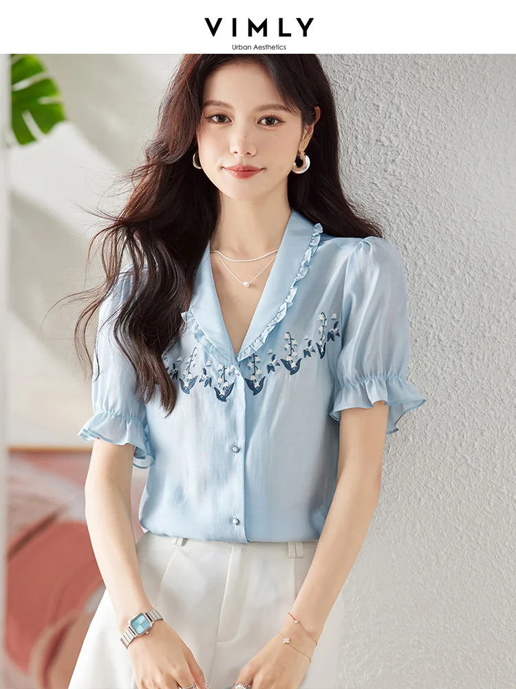 Vimly Short Sleeve Light Blue Shirt Women 2023 Loose Straight Thin Lyocell Blended Chiffon French Shirts & Blouse Summer Top