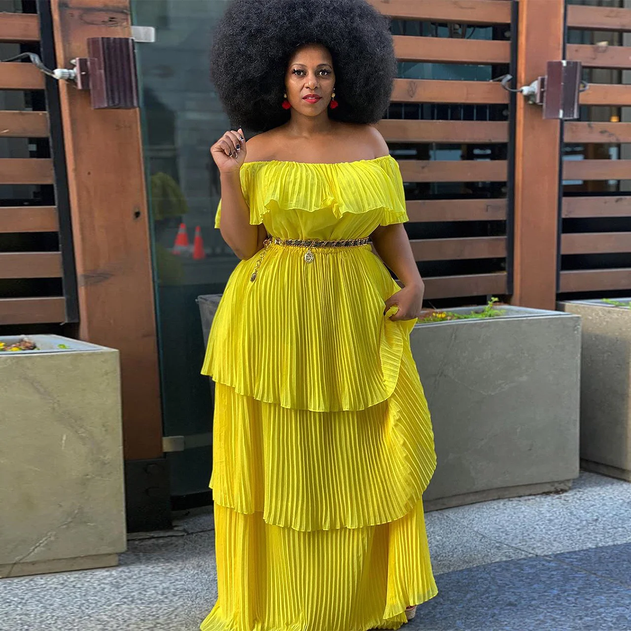 

Plus Size Long Dress 2023 Autumn Winter Dress Yellow Chiffon One Shoulder Off Back Slim Beach Holiday Pleated Long Dress