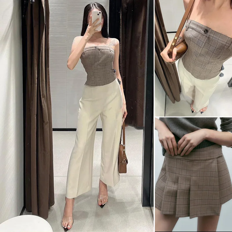 

2022 autumn and winter women's new one-button plaid tight-fitting wrap top slim skirt pants suit
