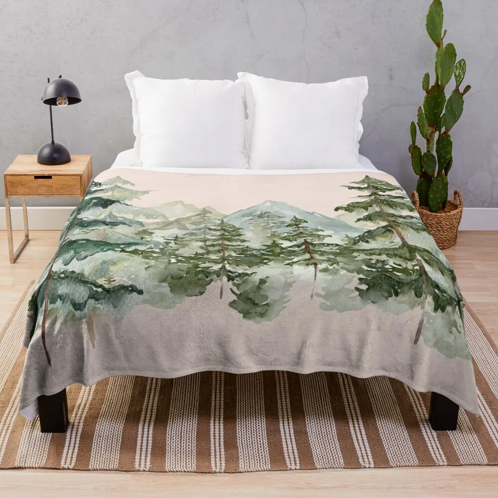 

Watercolor Pine Forest and mountain Aesthetic Graphic Throw Blanket Plaid Bed warm for winter Blankets