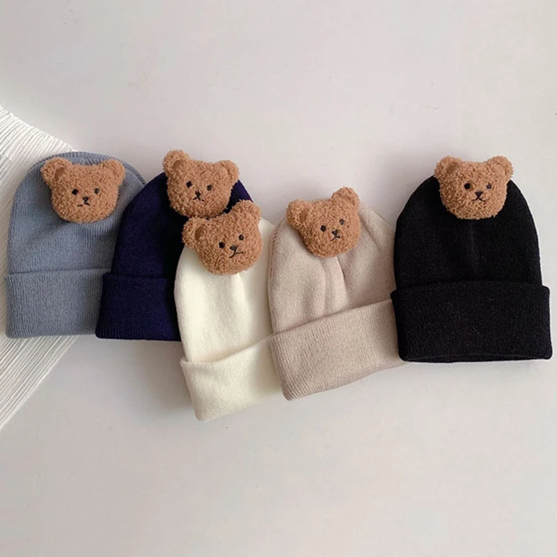 Korean Baby Autumn Winter Hat Cute Bear Knitted Warm Newborn Cap Infant Beanie Solid Color Baby Girl Boy Soft Crochet Hats 3