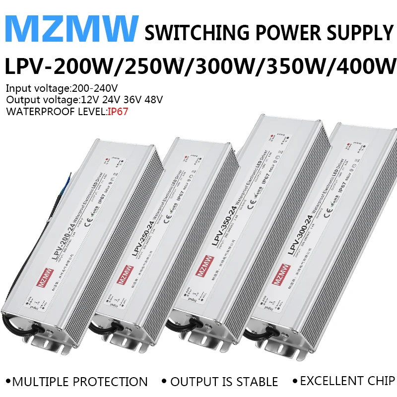 IP67 방수 스위칭 전원 공급 장치 LPV 200W 250W 300W 350W 400W AC/DC 12V 24V 36V 48V 정전압 LED 드라이버 CCCV SMPS