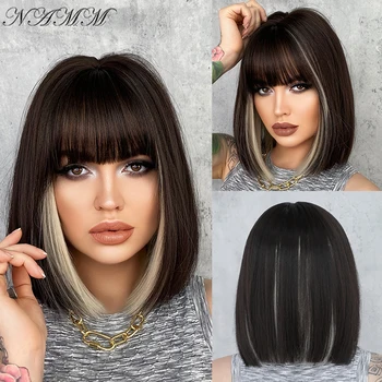 NAMM Natural Black with Ash Blonde Highlight Color Short Straight Bob Wigs Women Synthetic Wig Bangs Cosplay Hair Heat Resistant 1