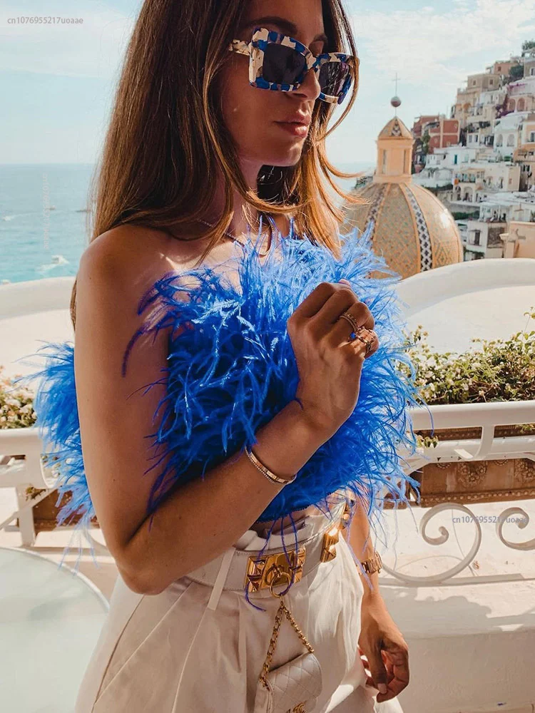 

Sexy Top Bra Women Furry Ostrich Feather Summer Female Wedding Wrap 2022 Luxury Real Feather Ladies Crop Top Zipper Vest Clothes