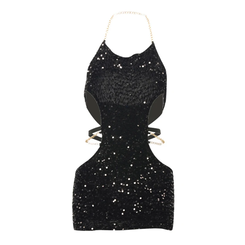 Summer Dress Women Sexy Shine Sequin Sleeveless Waist Cutout Metal Chain Halter Neck Dress 2000s Club Party Dresses
