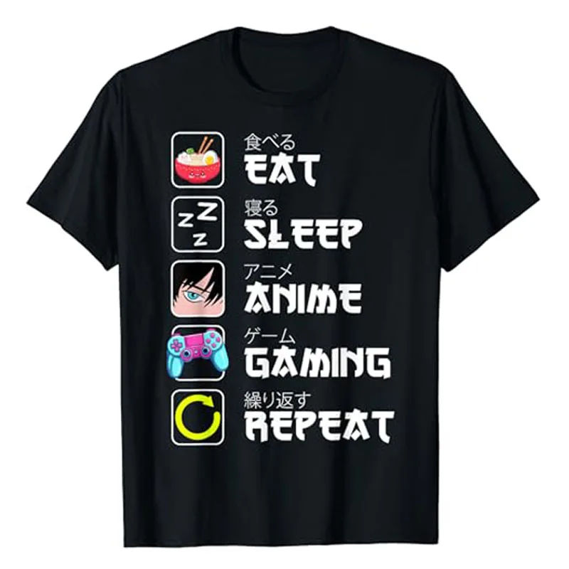 

Eat Sleep Anime Gaming Repeat Japan Kawaii Manga Anime Gifts T-Shirt Humor Funny Gamer Life Style Graphic Outfits Saying Tee Top