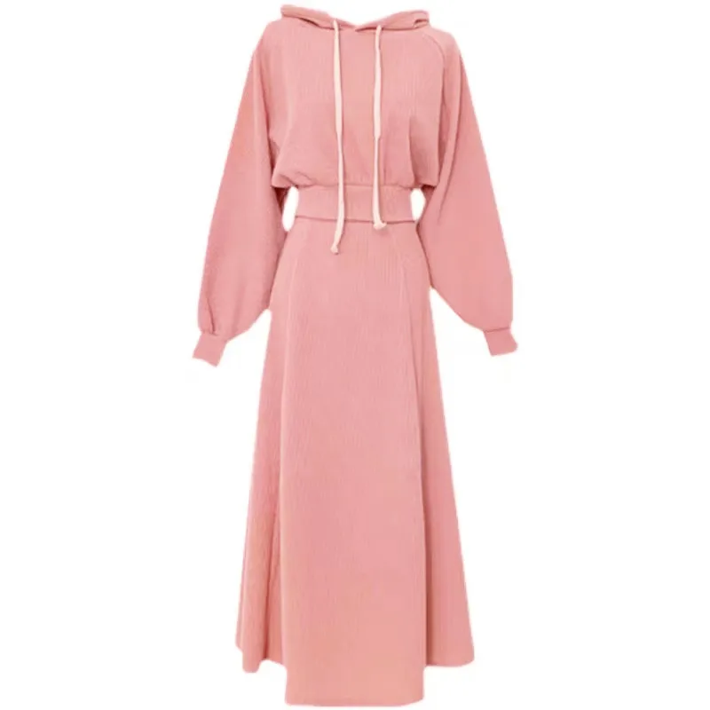 

2024 New Pink Dress Set for Women Spring Autumn Winter, Stylish Ribbed Sweatshirt and Half-length Skirt Two-piece Outfit