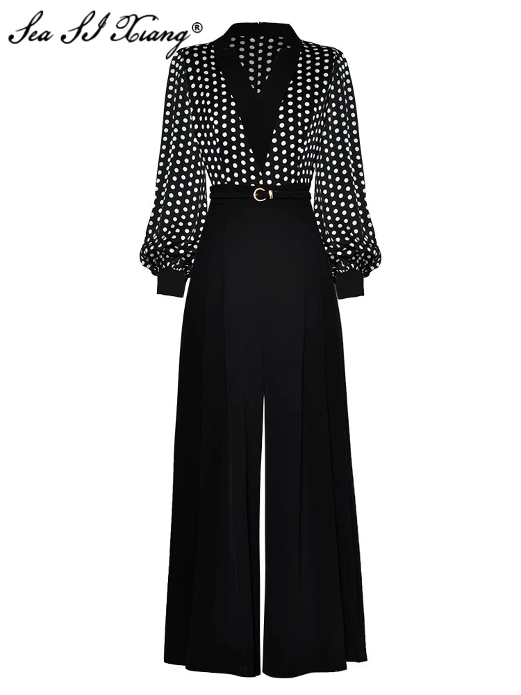 

Женский офисный комбинезон Seasixiang, дизайнерский весенний комбинезон с V-образным вырезом, рукавами-фонариками, широкими штанинами, поясом и карманами