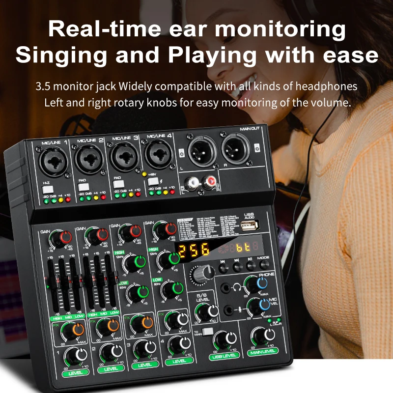 6 Channels Sound Mixing Console Depusheng M6 Bluetooth USB Record Computer 48V Phantom Power Delay Repaeat Effect Audio Mixer