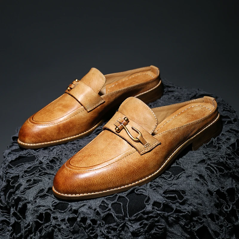 Italian Mules Shoes for Men In Calfskin Pointed-toe Slippers Shoes For Women With Handcrafted Brown Oil Slick Detail Size 35-36