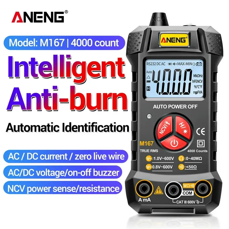 ANENG M167 Digital Mini Multimeter Tester with NCV Data Hold 4000 Counting Flashlight Automatic AC/DC Multimeter True Rms Transi