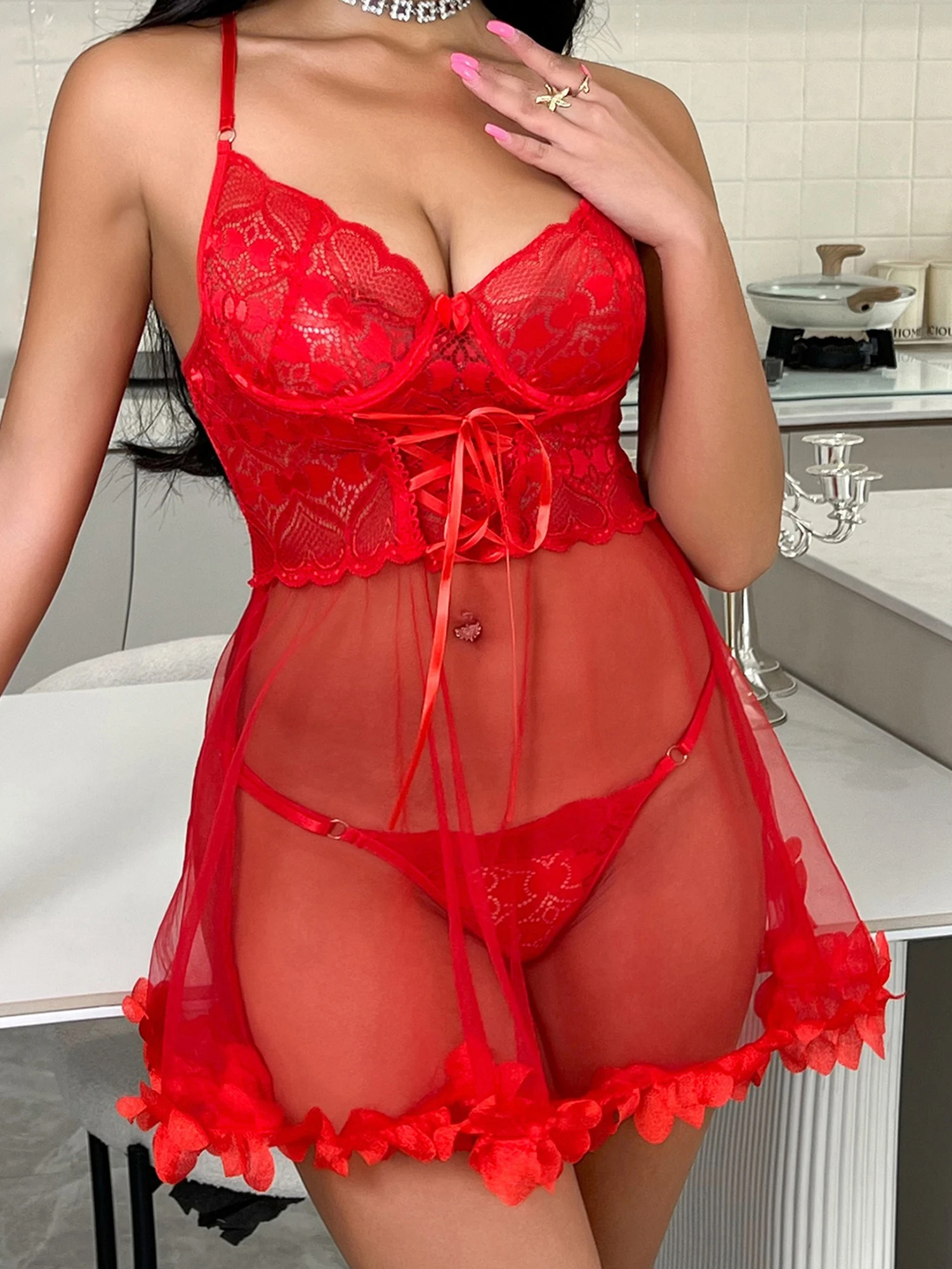 Women s Sexy Lace Lingerie Set with Sheer Mesh Hem Babydoll Chemise and Matching Thong Panties for Exotic Nightwear