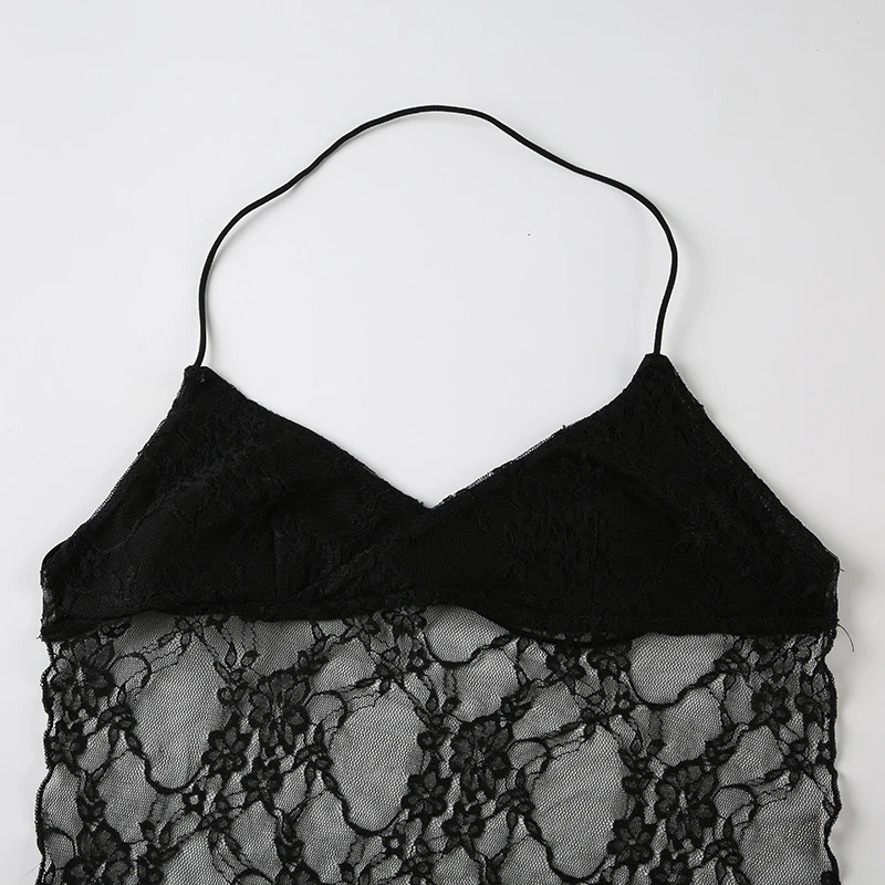 Camisola sexy con cordones y espalda descubierta para mujer, con retazos de encaje y cuello en V, top corto estilo halter Y2K, estilo urbano festivo