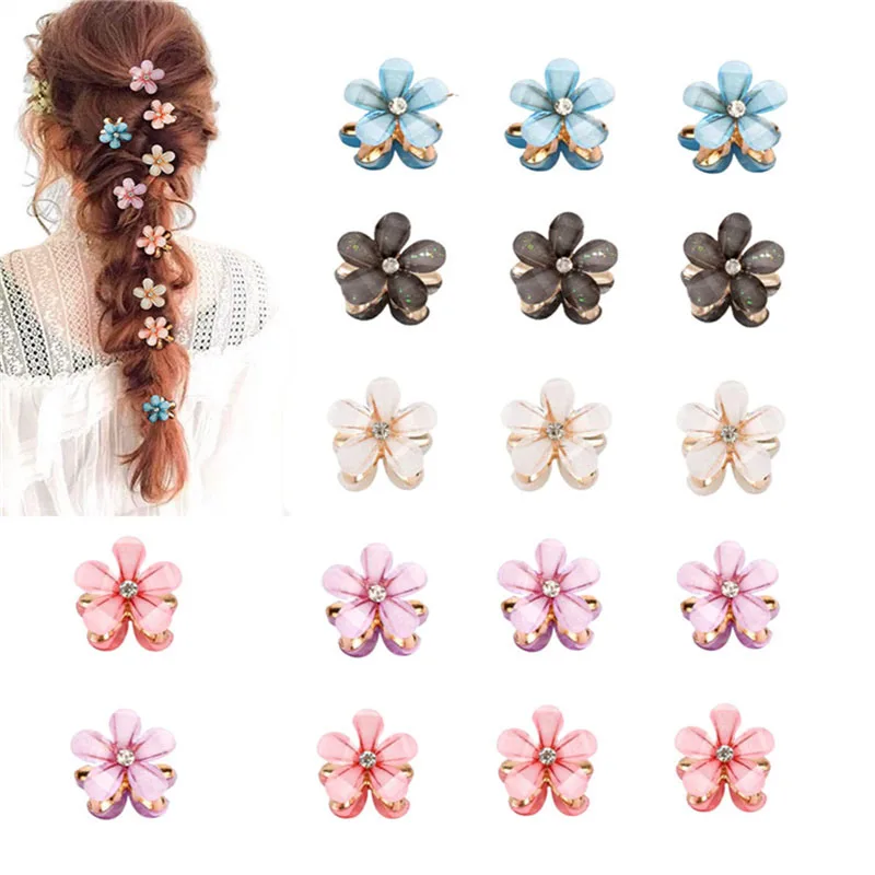 6Pcs/Set Pearl Small Flower Hair Claw Elegant Rhinestones Alloy Crab Hair Clip for Girls Sweet Fashion Hairpin Summer Side Clip