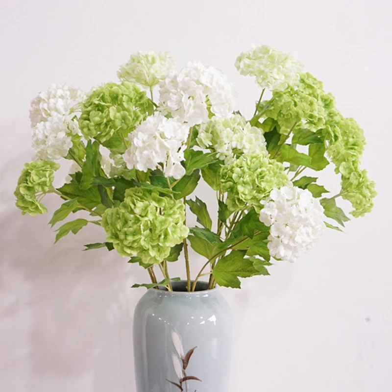 Artificial Flowers Real Touch 3 Heads Small Hydrangea Flowers Branch with Green Leaves Silk for DIY Wedding Home Room Decoratio