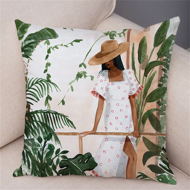 2022 Tropical Plant Soft Plush Black Africa Girl Pillow Case Linen Geometric Fashion Women Cushion Cover for Sofa Car Home Decor