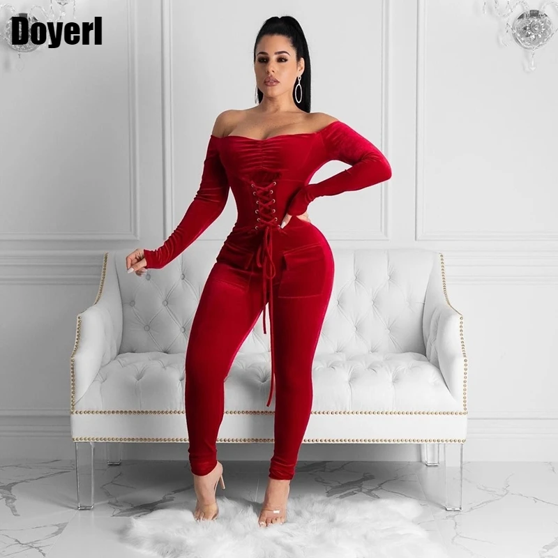 Off Shoulder Velvet Jumpsuit Women Long 