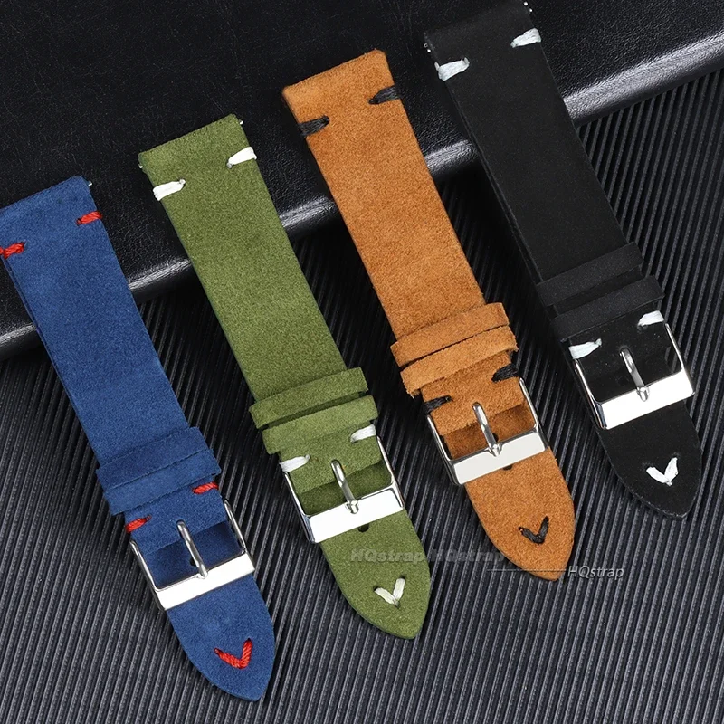 Vintage Grey Suede Leather Watch Strap with Handmade Stitching - Soft Replacement Wristband
