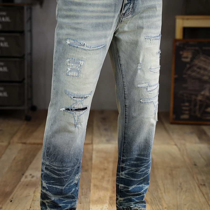 American vintage washed old light-coloured men's jeans tide embroidery hole stretch Slim straight tapered small leg trousers