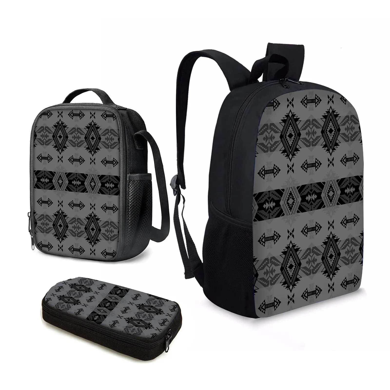 

YIKELUO Black Aztec Youth Durable Casual Bag American Tribal Print Backpack Waterproof Travel Knapsack Insulated Lunch Bag