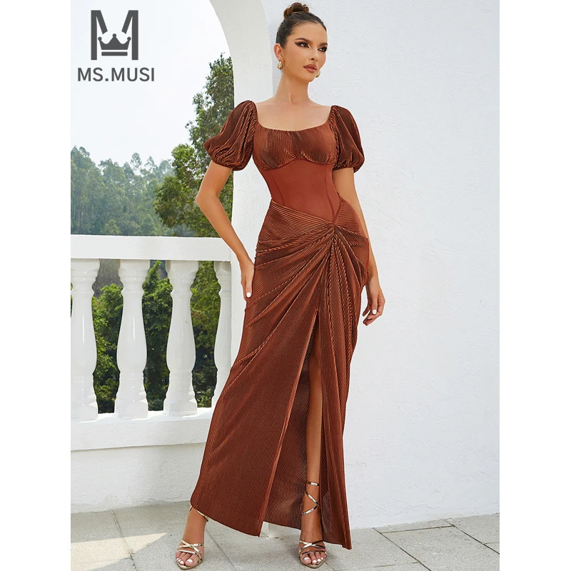 

MSMUSI 2024 New Fashion Women Sexy Solid Lace Mesh Draped Fold Short Sleeve Bodycon Party Club Event Slit Velvet Maxi Dress Gown