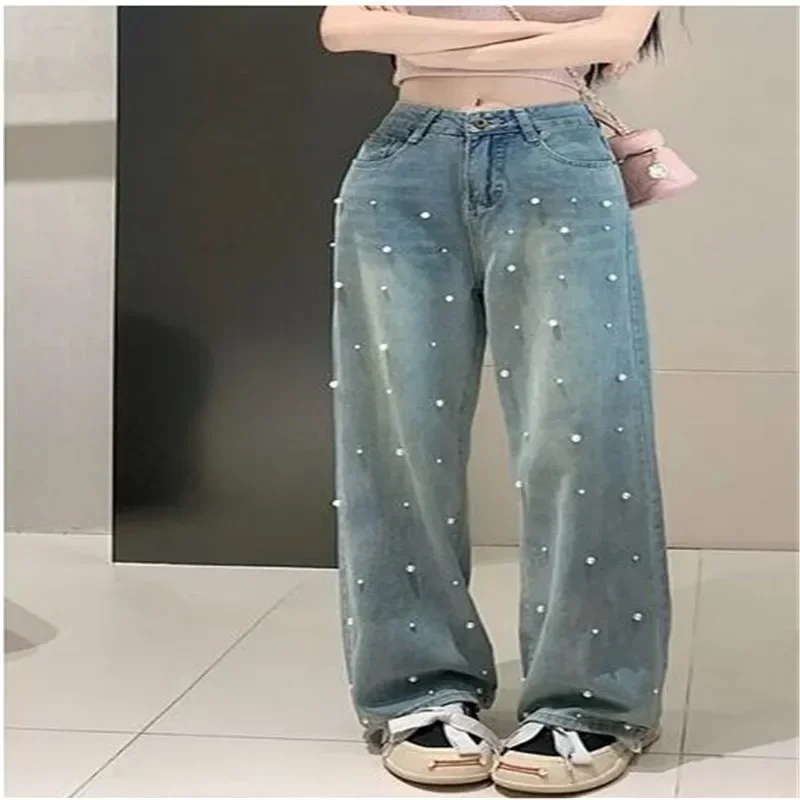 2023 Spring and Summer New Design Sense Pearl Slimming Loose Casual Baggy Jeans Straight-Leg Pants Women's Long Trousers Fashion pearl diary women loose pants summer solid color stretch high waist drapey trousers wide leg femme elegant soft pant plus size