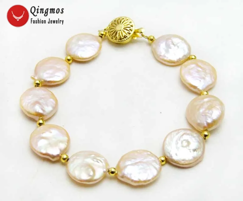 

Qingmos 13-14mm Coin Round Natural Freshwater Pink Pearl Bracelet for Women Jewelry with Gold Color Beads 7.5''
