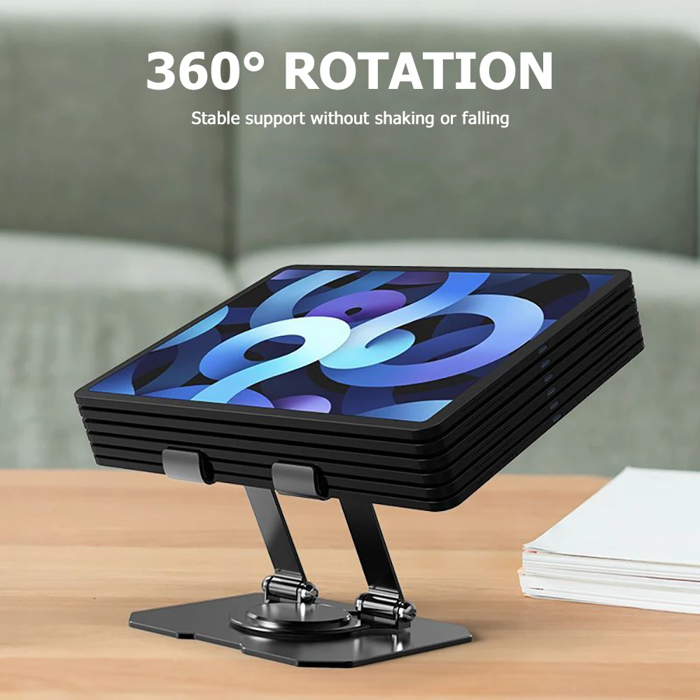360 ° 회전 및 높이 조절 가능한 태블릿/노트북 휴대용 접이식 금속 거치대, 무선 충전 기능 탑재 컴퓨터 데스크탑 스탠드