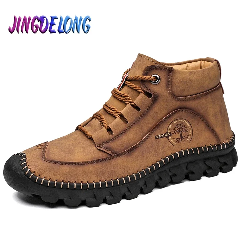 Outdoor Men Casual Men's Ankle Boots British Men Shoes Leather Motorcycle Boots Outdoor Trainers Riding Black