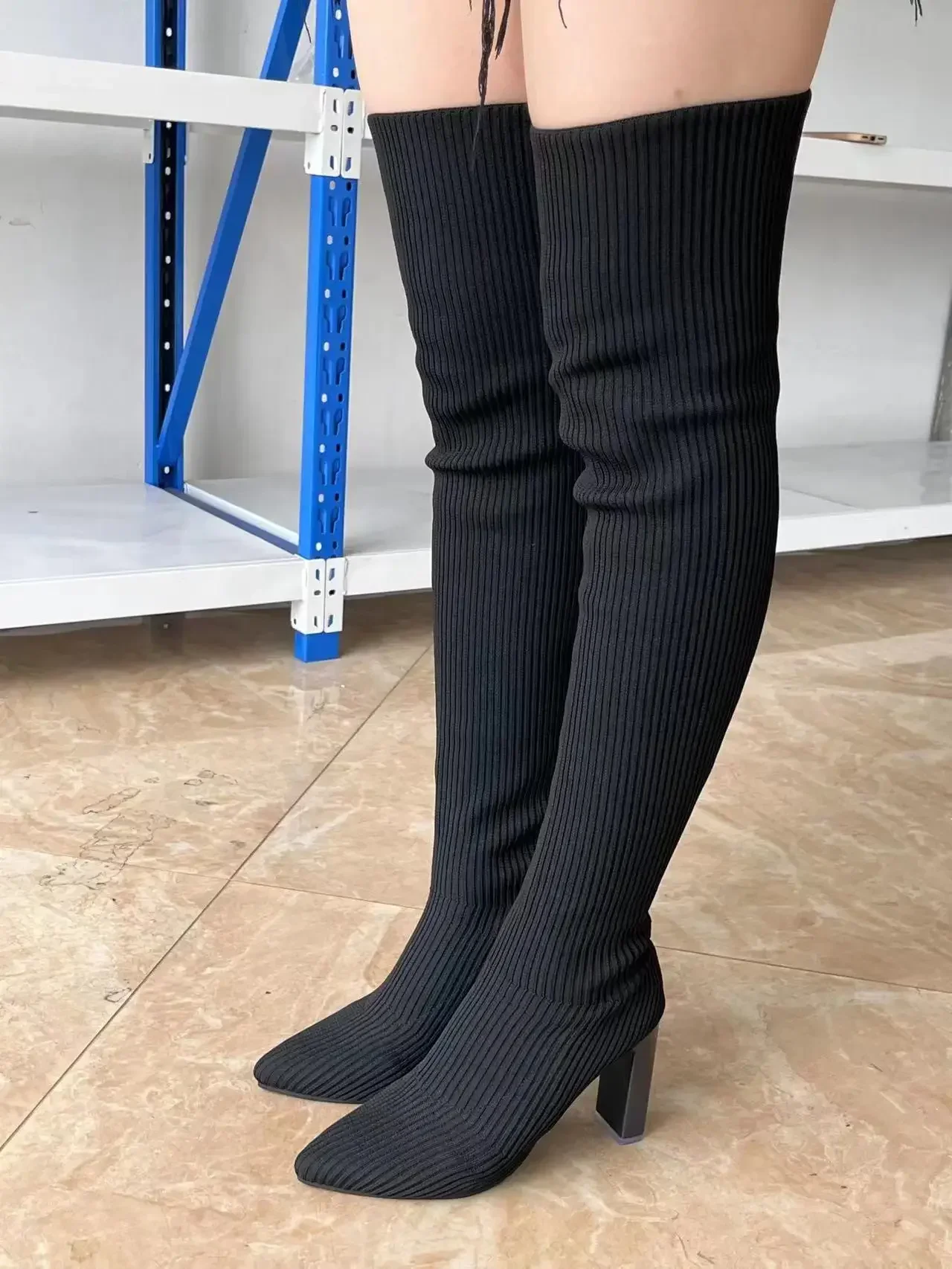 Women High Heel Boots Autumn Winter Pointed Thick Knitted Over-the-knee Elastic Wool