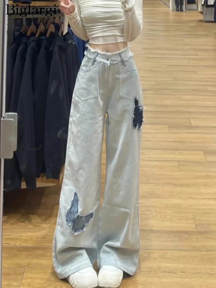 

Jeans Summer High Waist Pant Women Butterfly Embroidery Fashion Loose Pleated Ladies Trousers Korean Style Wide Leg Woman Pants