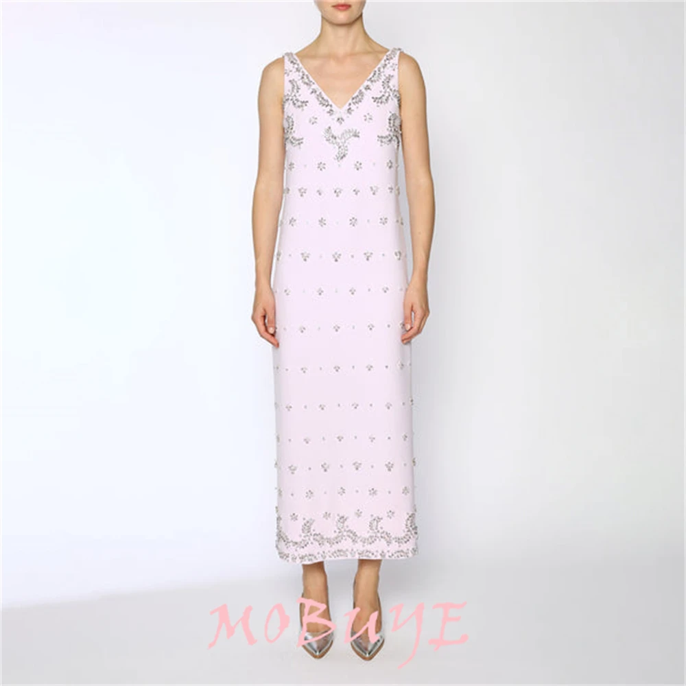 

MOBUYE 2024 Popular V Neckline Prom Dress Ankle-Length With Short Sleeves Evening Fashion Elegant Party Dress For Women